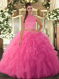 Discount Hot Pink Sleeveless Floor Length Beading and Ruffles Backless Quince Ball Gowns