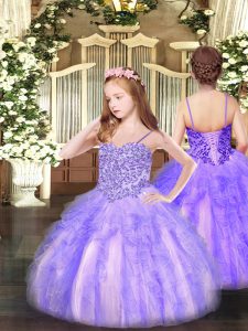 Floor Length Lace Up Little Girls Pageant Dress Lavender for Party and Quinceanera with Appliques and Ruffles