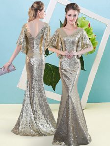 V-neck Half Sleeves Sequined Homecoming Dress Sequins Zipper