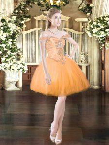 Luxury Orange Red Ball Gowns Tulle Off The Shoulder Sleeveless Beading Mini Length Lace Up Evening Dress