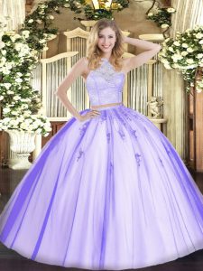 Elegant Lavender Zipper Scoop Lace and Appliques Quinceanera Gowns Tulle Sleeveless
