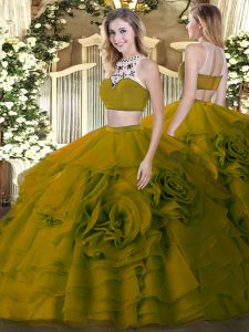 Delicate Olive Green Vestidos de Quinceanera Military Ball and Sweet 16 and Quinceanera with Beading and Ruffled Layers High-neck Sleeveless Backless