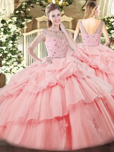 Chic Baby Pink Ball Gowns Bateau Sleeveless Tulle Floor Length Zipper Beading and Ruffles and Pick Ups Quinceanera Dresses