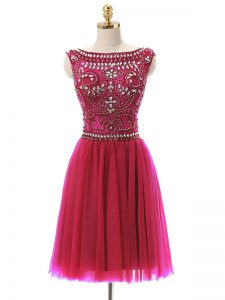Hot Pink Empire Bateau Sleeveless Tulle Mini Length Zipper Beading Homecoming Dress