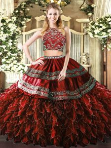 Tulle High-neck Sleeveless Zipper Beading and Ruffles Quinceanera Dress in Burgundy