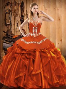 Rust Red Ball Gowns Satin and Organza Sweetheart Sleeveless Embroidery and Ruffles Floor Length Lace Up Sweet 16 Quinceanera Dress