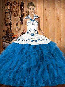Modern Teal Sleeveless Embroidery and Ruffles Floor Length Sweet 16 Dress