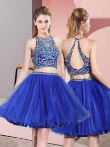 Royal Blue Tulle Backless Bridesmaid Dress Sleeveless Mini Length Beading