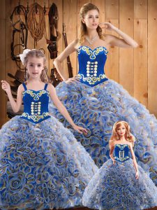 Nice Multi-color Sweetheart Lace Up Embroidery Quince Ball Gowns Sweep Train Sleeveless