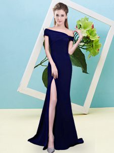 Unique Off The Shoulder Sleeveless Zipper Bridesmaid Dresses Royal Blue Elastic Woven Satin