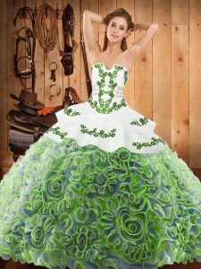 Satin and Fabric With Rolling Flowers Strapless Sleeveless Sweep Train Lace Up Embroidery Quinceanera Dresses in Multi-color
