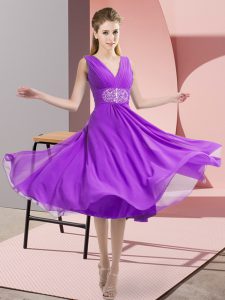 Elegant Purple Empire Chiffon V-neck Sleeveless Beading Knee Length Side Zipper Wedding Guest Dresses