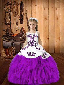 Embroidery and Ruffles Little Girls Pageant Dress Eggplant Purple Lace Up Sleeveless Floor Length
