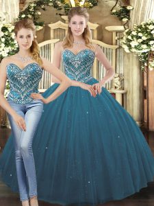 Romantic Teal Ball Gowns Tulle Sweetheart Sleeveless Beading and Ruffles Floor Length Lace Up 15 Quinceanera Dress