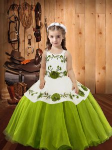 Elegant Ball Gowns Pageant Gowns For Girls Olive Green Straps Organza Sleeveless Floor Length Lace Up