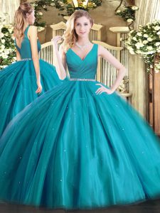 Teal Sleeveless Beading Floor Length Quinceanera Gown