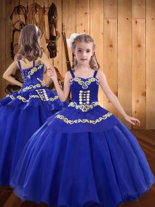 Royal Blue Organza Lace Up Pageant Gowns For Girls Sleeveless Floor Length Embroidery