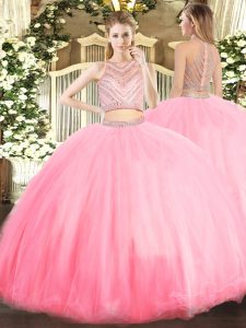 Nice Baby Pink Sweet 16 Dresses Military Ball and Sweet 16 and Quinceanera with Beading Scoop Sleeveless Zipper