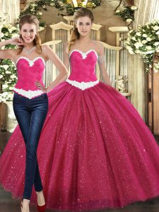 Comfortable Sleeveless Tulle Floor Length Lace Up 15 Quinceanera Dress in Fuchsia with Ruching