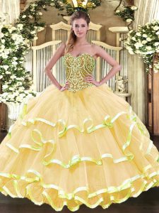 Gold Sleeveless Floor Length Beading and Ruffled Layers Lace Up Sweet 16 Quinceanera Dress