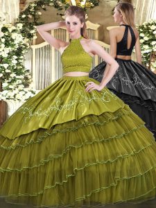 Olive Green Organza Backless 15th Birthday Dress Sleeveless Floor Length Beading and Embroidery and Ruffled Layers