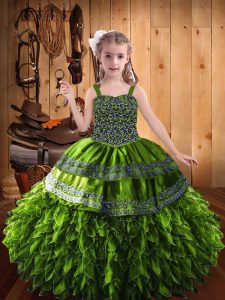 Olive Green Sweetheart Lace Up Beading and Appliques and Ruffles Little Girls Pageant Dress Sleeveless