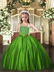 Elegant Green Ball Gowns Satin Straps Sleeveless Beading Floor Length Lace Up Little Girls Pageant Dress Wholesale