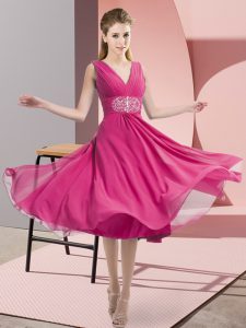 Hot Pink Empire Chiffon V-neck Sleeveless Beading Knee Length Side Zipper Bridesmaid Dresses