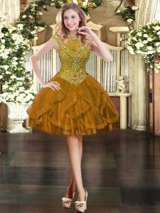 Hot Selling Brown Scoop Zipper Beading and Ruffles Homecoming Dress Cap Sleeves