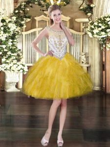 Graceful Scoop Sleeveless Mini Length Beading and Ruffles Gold Tulle