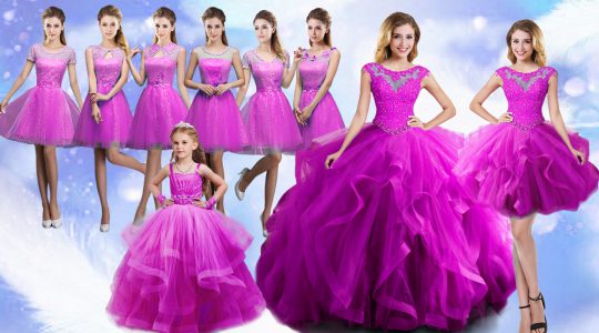 Superior Sleeveless Organza Floor Length Lace Up Quinceanera Dress in Fuchsia with Beading and Ruffles