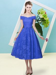 High Quality Blue Cap Sleeves Bowknot Tea Length Quinceanera Dama Dress