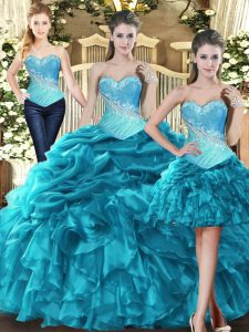 Teal Sleeveless Beading and Ruffles Floor Length Ball Gown Prom Dress