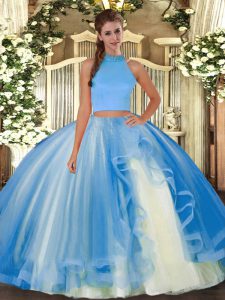 Light Blue Tulle Backless Halter Top Sleeveless Floor Length 15 Quinceanera Dress Beading and Ruffles