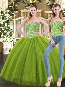 Olive Green Sleeveless Beading Floor Length 15 Quinceanera Dress