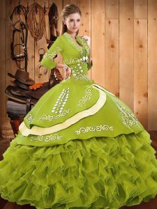 Shining Sleeveless Floor Length Embroidery and Ruffled Layers Lace Up Sweet 16 Dress with Olive Green