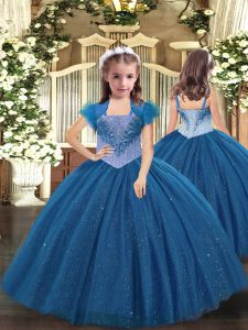 Pretty Blue Ball Gowns Tulle Straps Sleeveless Beading Floor Length Lace Up Pageant Dress