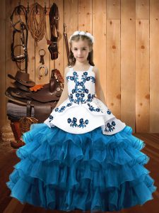 Teal and Green Satin and Organza Lace Up Straps Sleeveless Floor Length Little Girls Pageant Dress Wholesale Beading and Appliques