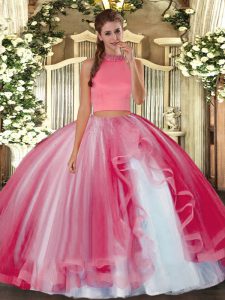 Most Popular Coral Red Tulle Backless Vestidos de Quinceanera Sleeveless Floor Length Beading and Ruffles