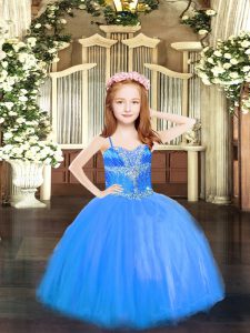 Tulle Spaghetti Straps Sleeveless Lace Up Beading Little Girls Pageant Dress Wholesale in Blue
