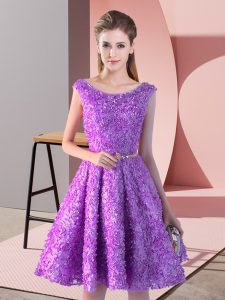 Designer Lavender Lace Up Prom Dress Belt Sleeveless Knee Length