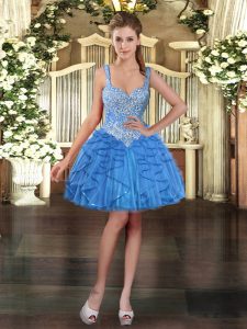 Mini Length Baby Blue Homecoming Dress Tulle Sleeveless Beading and Ruffles