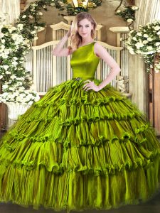 Olive Green Vestidos de Quinceanera Military Ball and Sweet 16 and Quinceanera with Ruffled Layers Scoop Sleeveless Clasp Handle