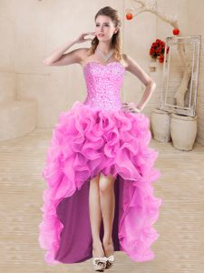 Latest Rose Pink Organza Lace Up Prom Dresses Sleeveless High Low Beading and Ruffles