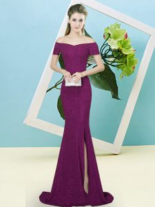 Purple Short Sleeves Sequined Sweep Train Zipper Prom Dress for Prom and Party