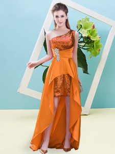 A-line Prom Dress Orange One Shoulder Elastic Woven Satin and Sequined Sleeveless High Low Lace Up