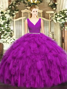 Custom Made Beading and Ruffles 15th Birthday Dress Fuchsia Zipper Sleeveless Floor Length