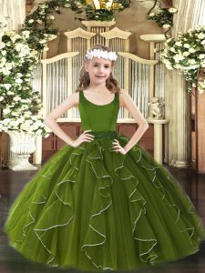 Scoop Sleeveless Child Pageant Dress Floor Length Beading and Ruffles Olive Green Organza