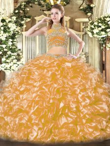 Gold Sweet 16 Quinceanera Dress Military Ball and Sweet 16 and Quinceanera with Beading and Ruffles High-neck Sleeveless Backless