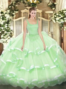 Admirable Floor Length Zipper Quince Ball Gowns Apple Green for Military Ball and Sweet 16 and Quinceanera with Beading and Ruffled Layers